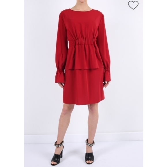 MM6 Maison Margiela Elastic Waist Dress 42 6 Red Flounce Sleeve - Picture 1 of 13